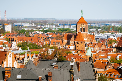Panorama of Gdansk in a sunny day. View from above. St. Catherine's Church and St. Mary's Church are on the background.