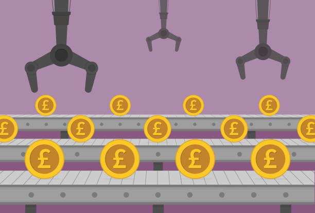 UK pound coin on a conveyor belt UK pound coin on a conveyor belt british coins stock illustrations