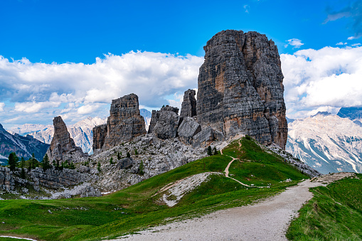 View of Cinque Torri, a rock formation of Nuvolao Group in the Italian Dolomites in Province of Belluno, Italy.