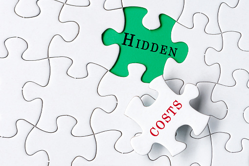 White jigsaw puzzle with word hidden costs over green background. Costing concept.