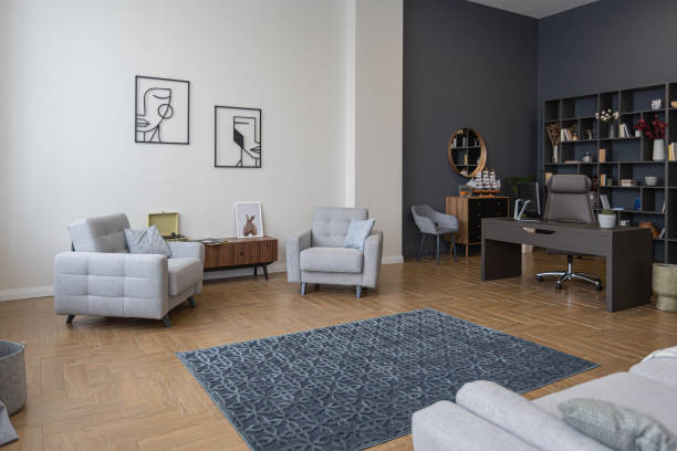 istock minimalist modern interior design huge bright apartment with an open plan in Scandinavian style in white, blue and dark blue colors with columns in the center. includes kitchen area, office and lounge 1397509424