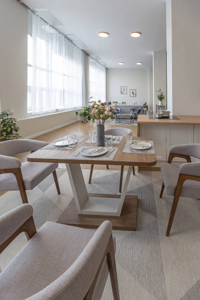 istock minimalist modern interior design huge bright apartment with an open plan in Scandinavian style in white, blue and dark blue colors with columns in the center. includes kitchen area, office and lounge 1397510017