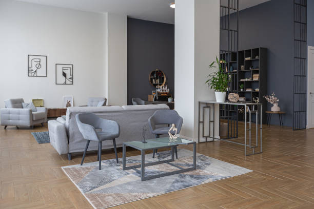 istock minimalist modern interior design huge bright apartment with an open plan in Scandinavian style in white, blue and dark blue colors with columns in the center. includes kitchen area, office and lounge 1397510033