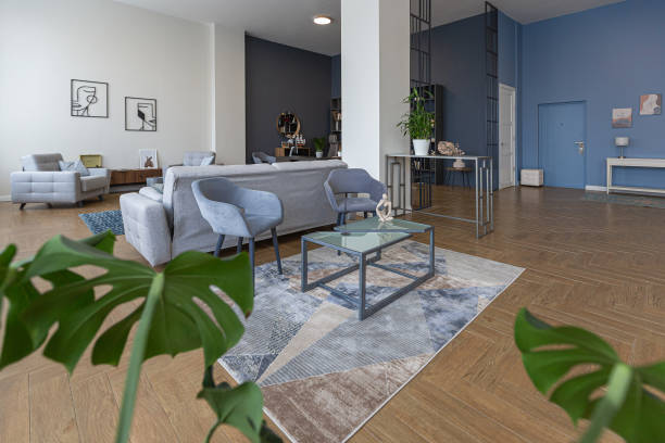 istock minimalist modern interior design huge bright apartment with an open plan in Scandinavian style in white, blue and dark blue colors with columns in the center. includes kitchen area, office and lounge 1397510035