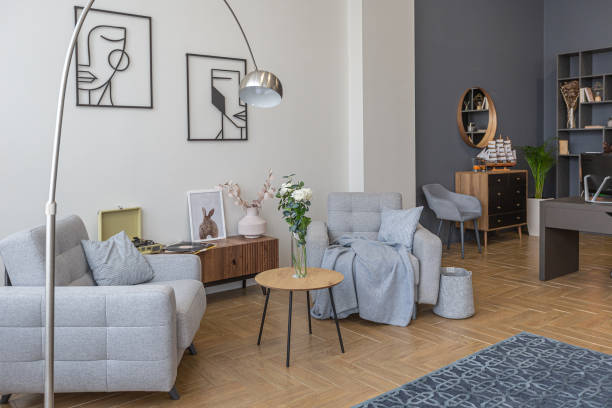 istock minimalist modern interior design huge bright apartment with an open plan in Scandinavian style in white, blue and dark blue colors with columns in the center. includes kitchen area, office and lounge 1397510066