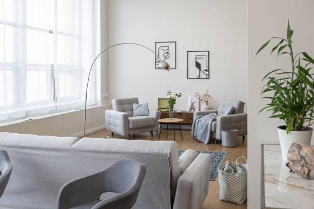 istock minimalist modern interior design huge bright apartment with an open plan in Scandinavian style in white, blue and dark blue colors with columns in the center. includes kitchen area, office and lounge 1397510085