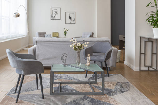 istock minimalist modern interior design huge bright apartment with an open plan in Scandinavian style in white, blue and dark blue colors with columns in the center. includes kitchen area, office and lounge 1397510201