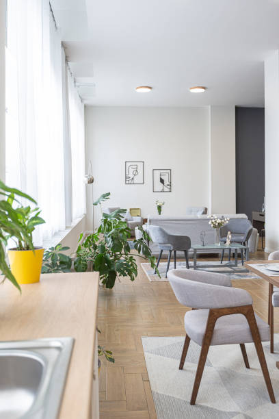 istock minimalist modern interior design huge bright apartment with an open plan in Scandinavian style in white, blue and dark blue colors with columns in the center. includes kitchen area, office and lounge 1397510315