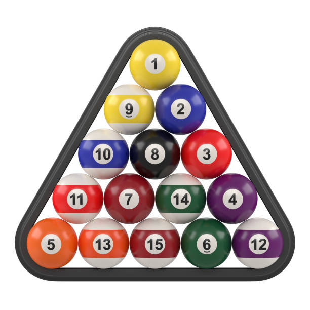 istock Group of colorful glossy pool game balls with numbers inside billiards triangle isolated on white background 1397510799