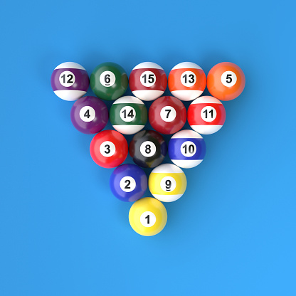 A group of colorful glossy billiard balls with numbers on a blue billiard table. Pool ball set. 3d rendering 3d illustration