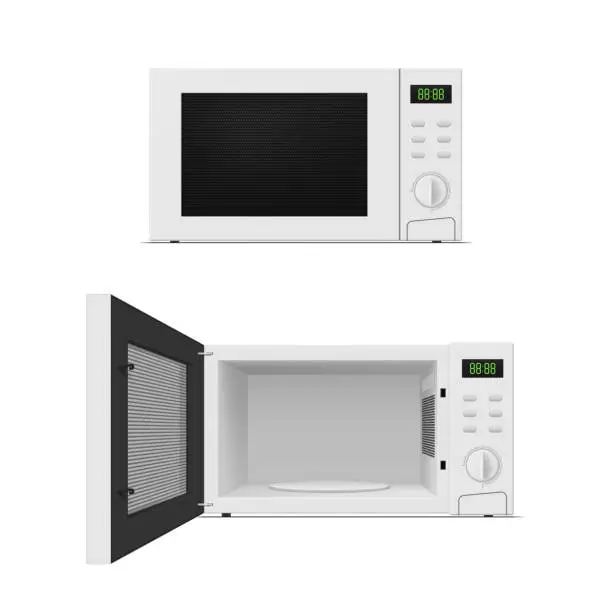 Vector illustration of White modern microwave oven with open and closed door set realistic template vector illustration