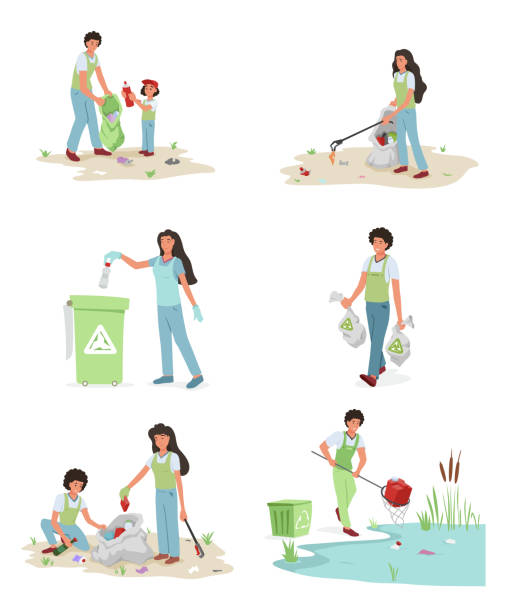 Set volunteers people collect trash vector flat family man woman and children assembling garbage Set volunteers people collect trash vector flat illustration. Collection family man woman and children assembling garbage at park and pond use rake net recycling bag and tank isolated. Rubbish sorting utilize stock illustrations