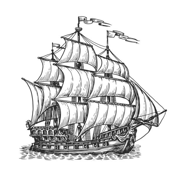 Retro sailing ship sailing on waves. Hand drawn vector sketch. Nautical retro water transport in vintage engraving style Retro sailing ship sailing on waves. Hand drawn vector sketch. Nautical retro water transport in vintage engraving style ship stock illustrations