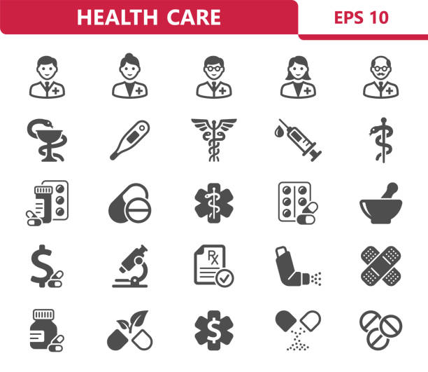 symbole für das gesundheitswesen. gesundheitswesen, krankenhaus, medizinisches icon-set - apotheke stock-grafiken, -clipart, -cartoons und -symbole