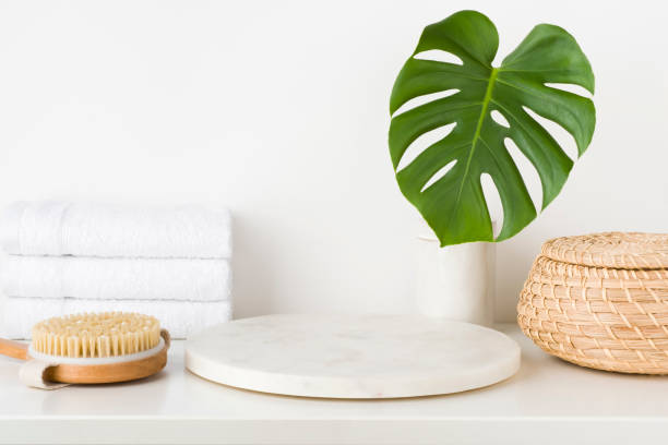 Spa concept for product display montage with white stone pedestal
