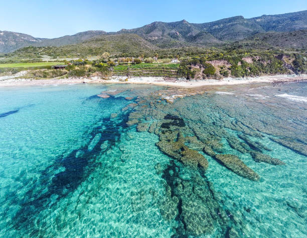 widok z lotu ptaka na plażę la speranza pod błękitnym niebem. - alghero zdjęcia i obrazy z banku zdjęć