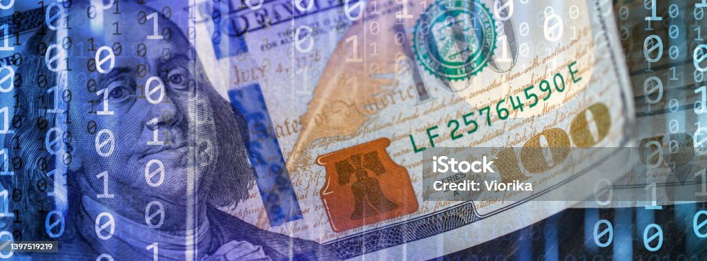 Financial Technologies Binary Code Background With Dollar Banknotes ...