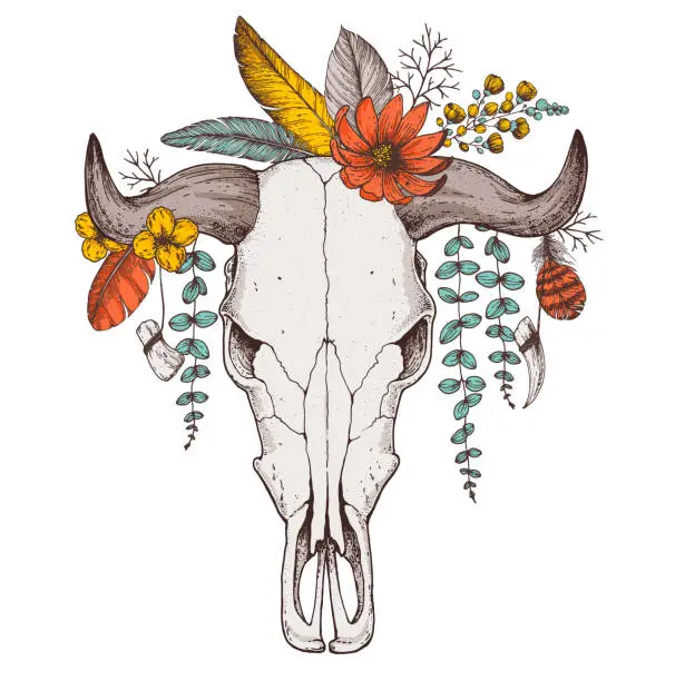 Vector illustration of Buffalo Skull and flowers hand drawn illustration. Wild west print. Vector illustration. Tattoo vintage print. Buffalo Skull and floral bouquet. T-shirt design.