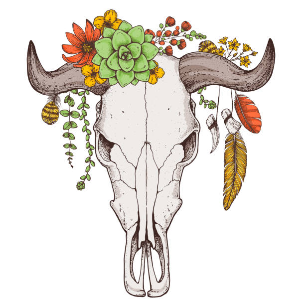istock Buffalo Skull and flowers hand drawn illustration. Wild west print. Vector illustration. Tattoo vintage print. Buffalo Skull and floral bouquet. T-shirt design. 1397519854