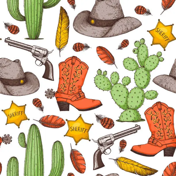 Vector illustration of Wild West seamless pattern. Colt, cowboy boots, sheriff's badge, cowboy hat. Vector illustration. Black and white background. Colorful pattern.