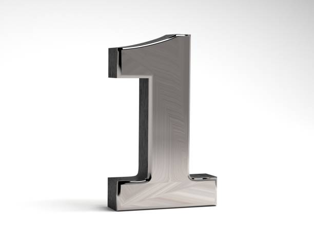 Metallic number one on a white background. Steel figure carved. 3D render.