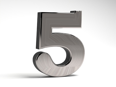 Number five made of steel on a white background. Metal volumetric figure. 3D render.