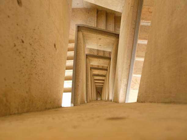 Top Down View of Stairs. Emergency Exit Concept. The winding stairs are empty. Abstract background.
