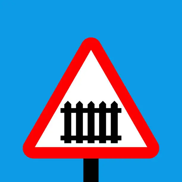 Vector illustration of Warning triangle Level crossing with barrier or gate ahead