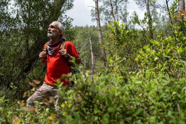 istock Man with backpack while hiking in nature admiringly observing nature in awe, vigor is high 1397521998