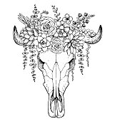 istock Buffalo Skull and flowers hand drawn illustration. Wild west print. Vector illustration. Tattoo vintage print. Buffalo Skull and floral bouquet. T-shirt design. 1397522689