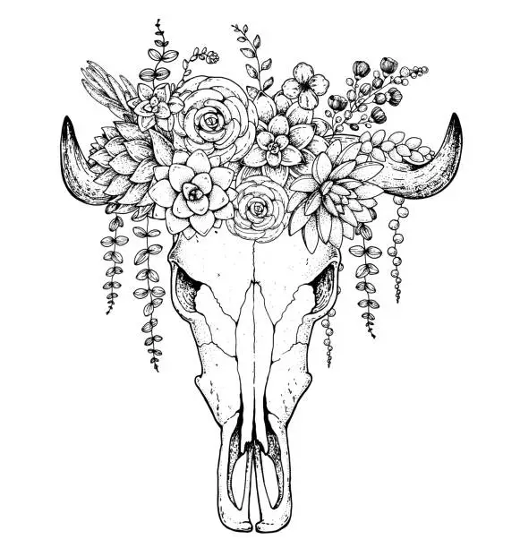 Vector illustration of Buffalo Skull and flowers hand drawn illustration. Wild west print. Vector illustration. Tattoo vintage print. Buffalo Skull and floral bouquet. T-shirt design.