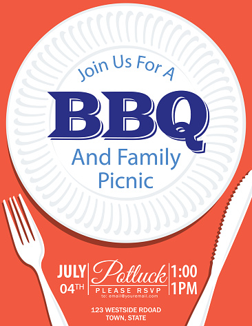 A simple, colorful design template for a barbecue or family reunion picnic. File includes EPS Vector file and high-resolution jpg. Text is on its own layer for easier removal.