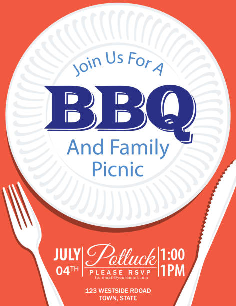 Join Us For A Barbecue And Family Picnic Template With Paper Plate And Utensils A simple, colorful design template for a barbecue or family reunion picnic. File includes EPS Vector file and high-resolution jpg. Text is on its own layer for easier removal. family reunion clip art stock illustrations