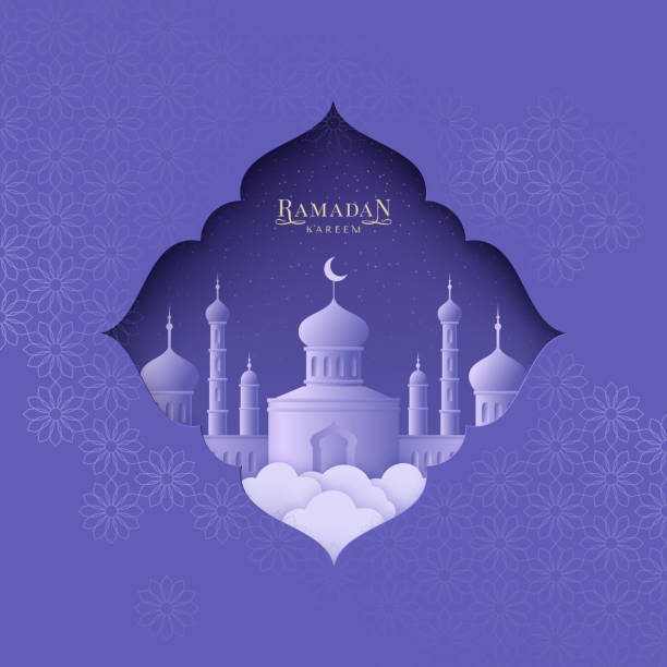 Ramadan Kareem background Ramadan Kareem greeting card. Mosque into Islamic ornament on a night backdrop. Paper cut style. moon dust stock illustrations