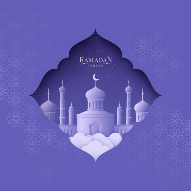 Ramadan Kareem background Ramadan Kareem greeting card. Mosque into Islamic ornament on a night backdrop. Paper cut style. haji stock illustrations