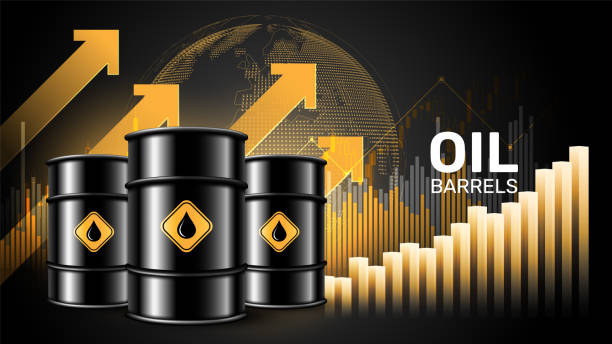 Oil price rising concept Oil barrels on a growth chart background. Investment market and trade arrows up, vector illustration Oil price rising concept Oil barrels on a growth chart background. Investment market and trade arrows up, vector illustration eps10 crude oil stock illustrations