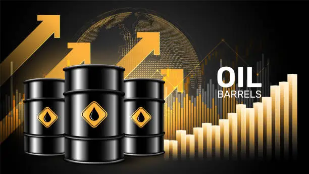 Vector illustration of Oil price rising concept Oil barrels on a growth chart background. Investment market and trade arrows up, vector illustration