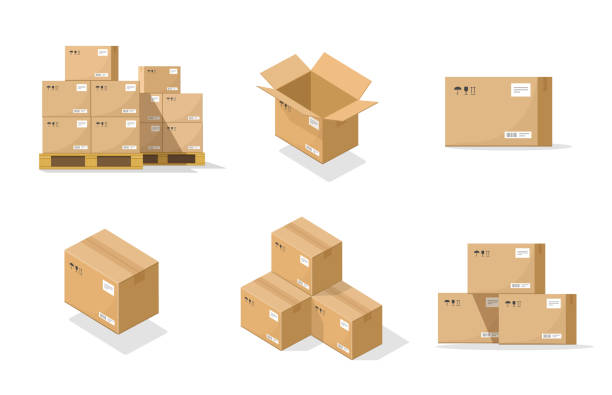 посылочные коробки пакет набор вектор изометрический и картонный почтовые пакеты стопка открытые и закрытые плоские и 3d мультяшная иллюст - cardboard box box open carton stock illustrations
