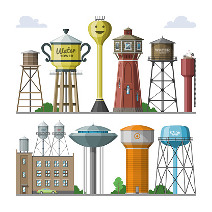 Water tower vector tank storage watery resource reservoir and industrial high metal structure container water-tower in city illustration set of towered construction isolated on white background.