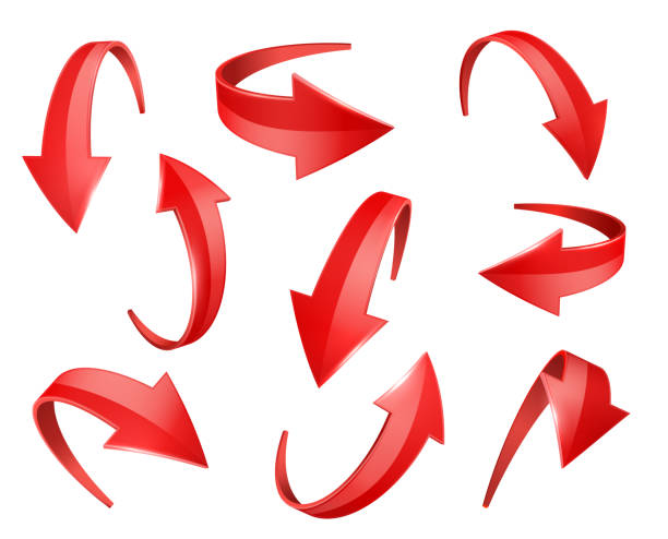 다양한 위치에 빨간색 사실적인 광택 3d 곡선 화살표 각도. - moving up arrow sign interface icons three dimensional shape stock illustrations