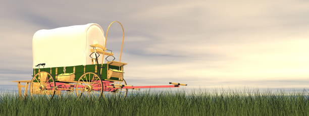 Chuckwagon by sunset - 3D render Chuckwagon on the grass by sunset - 3D render chuck wagon stock pictures, royalty-free photos & images