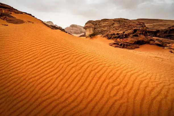 Photo of Ripple texture of sandy dune and mountains background in desert