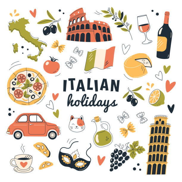 Italian Holidays icons set. Vector cartoon illustration in modern doodle style of Italian symbols: Colosseum, wine, Leaning Tower of Pisa, olives, pizza, food, coffee, and wine. Isolated on white italy stock illustrations