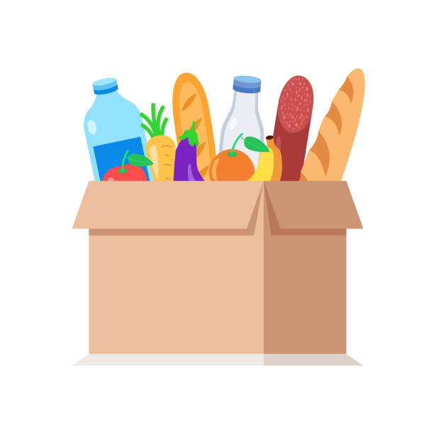 Box with food. Donate concept. Volunteering donate with products. Vector illustration. Box with food. Donate concept. Volunteering donate with products. Vector illustration. food bank delivery stock illustrations