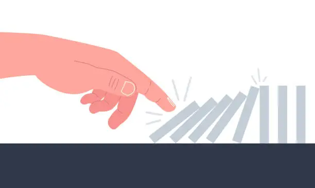 Vector illustration of Hand pushing the domino effect. Business concept. Vector illustration.