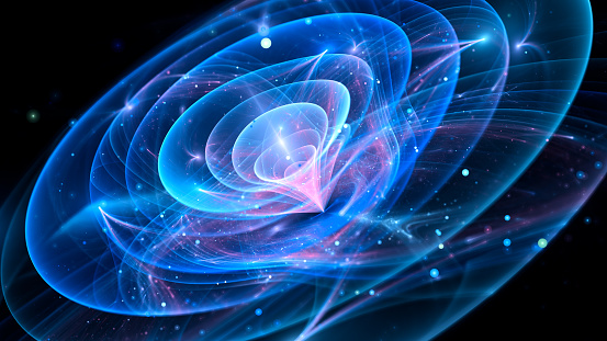 Blue glowing quantum waves in space, computer generated abstract background, 3D rendering