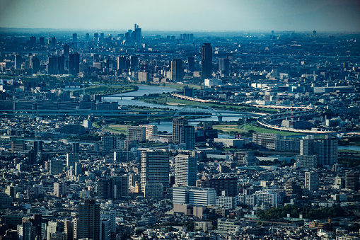 Sumida River and the city of Tokyo. Shooting Location: Sumida Ward, Tokyo