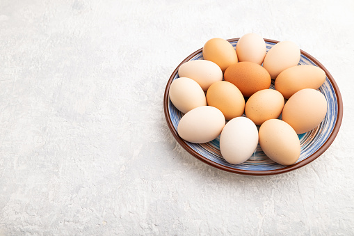 Pile of colored chicken eggs on plate on a gray concrete background. side view, copy space, close up.
