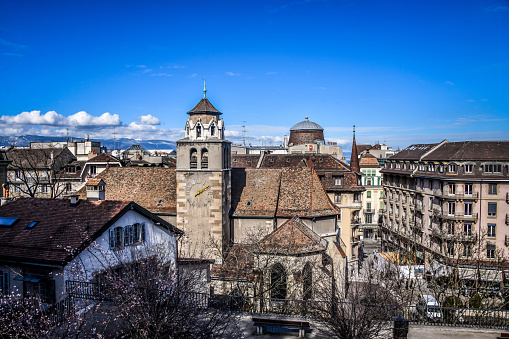Panorama View Of St. Pierre Cathedral And Clocktower In Geneva, Switzerland