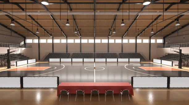 istock Basketball court with tribune and referee table mockup, front view 1397542553